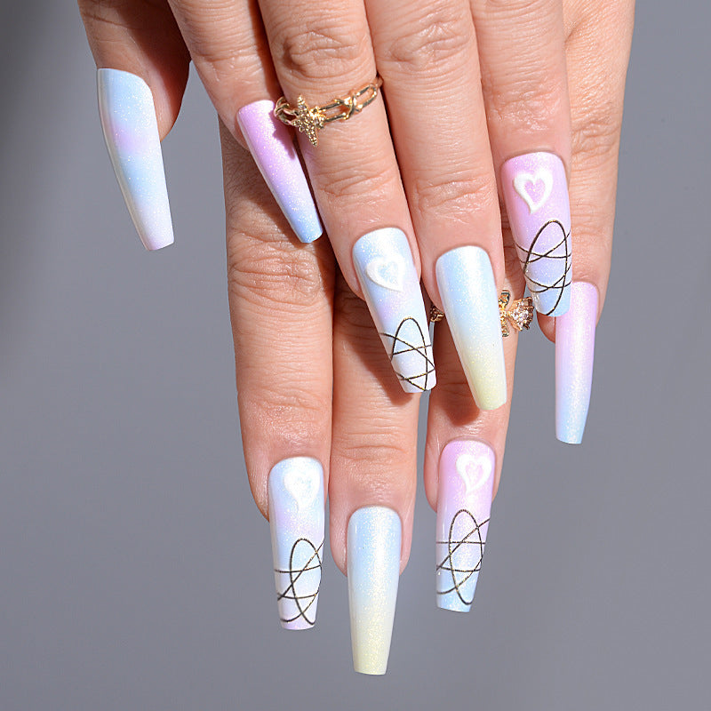 Dreamy Pastel Ombré Long Coffin Press On Nail Set with Heart and Geometric Designs