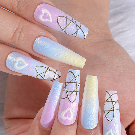 Cosmic Love Press On Nail Set Long Coffin Pastel Blue and Purple with Heart and Atom Patterns