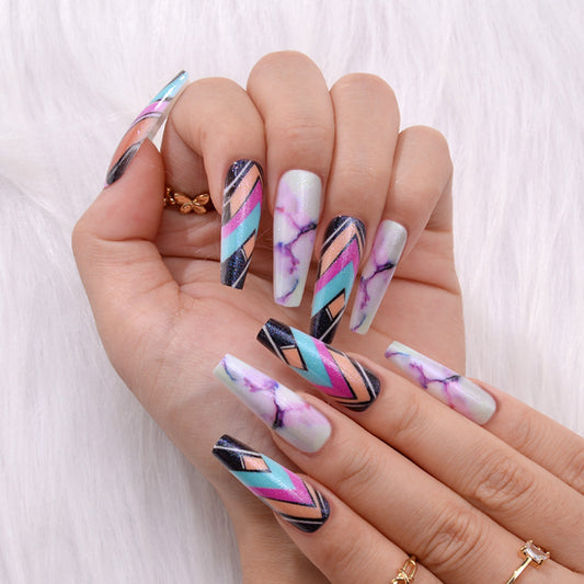 Marble Chic Long Coffin Ombre Press On Nail Set with Vibrant Geometric Patterns and Glossy Finish