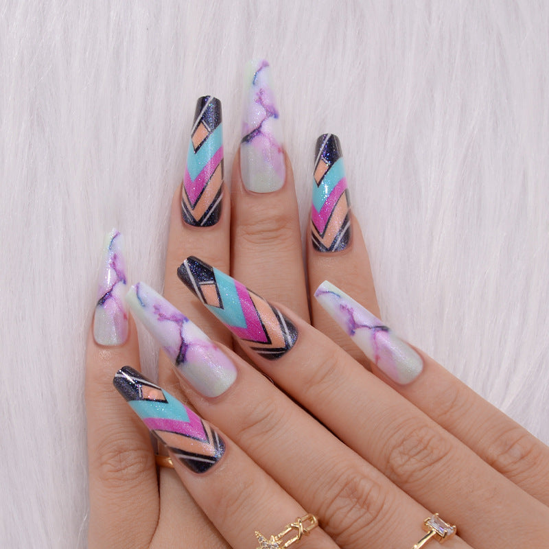 Vibrant Geometric Long Coffin Press On Nails in Multicolor with Glitter Accents