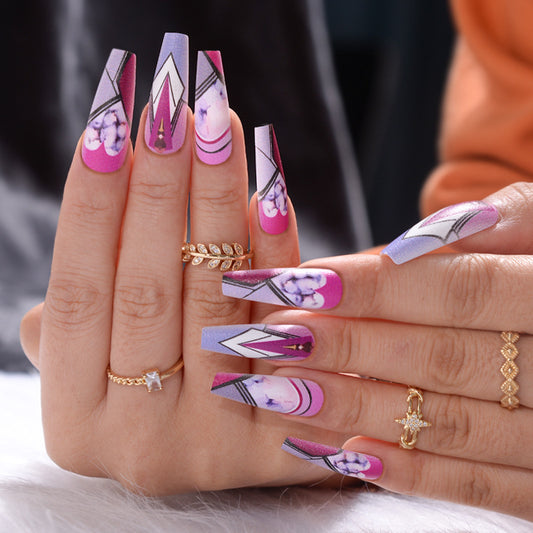 Floral Fantasy Long Coffin Press On Nails in Pink and Purple with Artistic Geometric Design