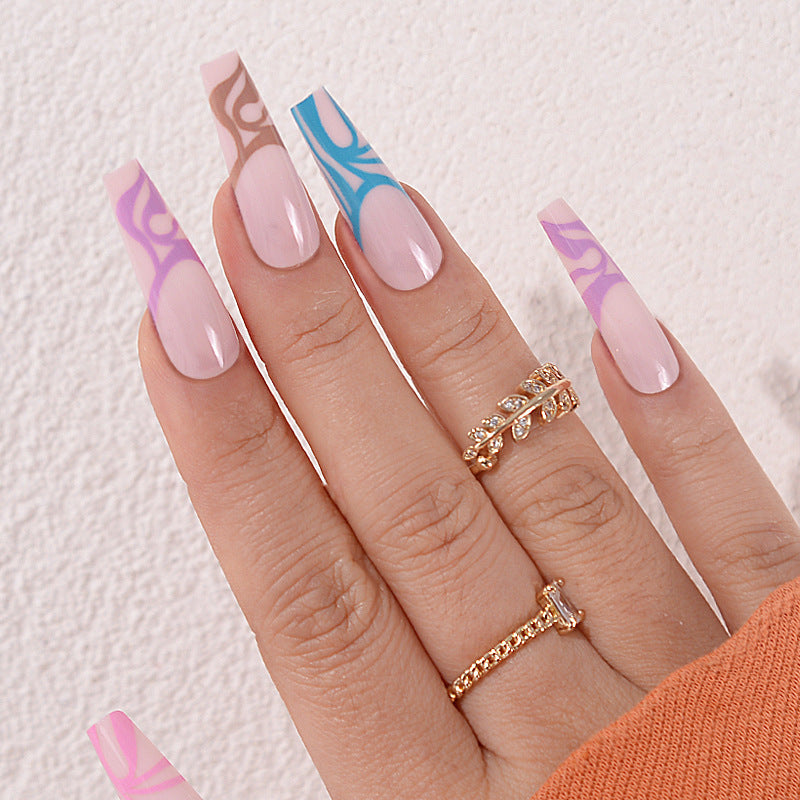 Trendy Floral Dreams Extra Long Coffin Press On Nail Set in Pastel Pink and Colorful Abstract Design