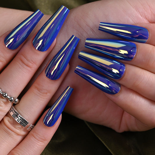 Cosmic Dream Blue Extra Long Coffin Press On Nail Set with Iridescent Finish