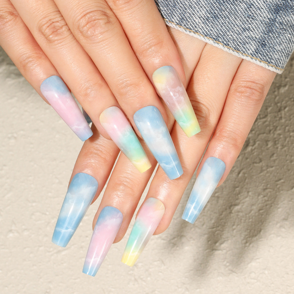 Dreamy Sky Ombre Extra Long Coffin Press On Nail Set with Pastel Gradient Colors and Cloud Effect