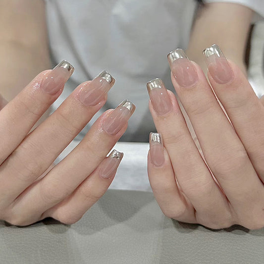 Elegant Chic Medium Square Beige with Glittery French Tips Nail Set