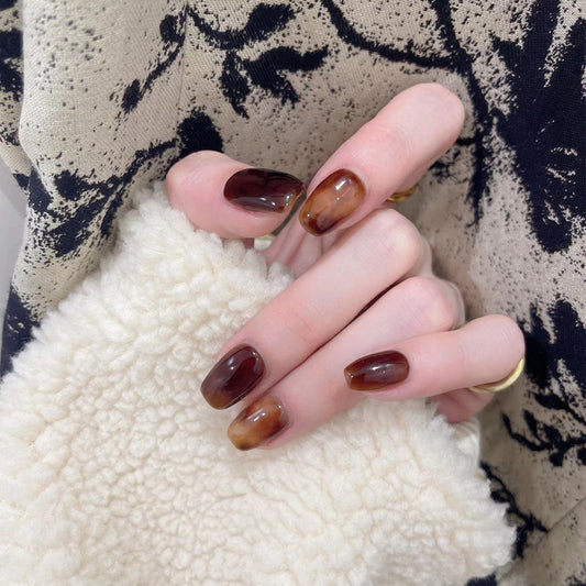 Autumn Elegance Medium Square Dark Brown and Amber Gradient Press-On Nail Set for a Glamorous Touch