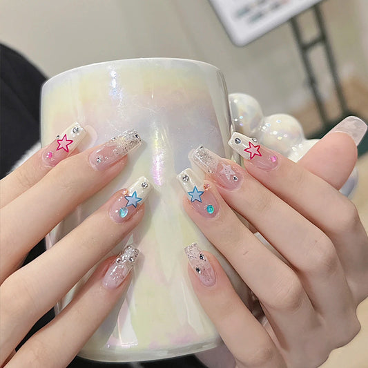 Celestial Dream Long Coffin Clear Gradient Press On Nail Set with Star Accents and Gemstone Embellishments