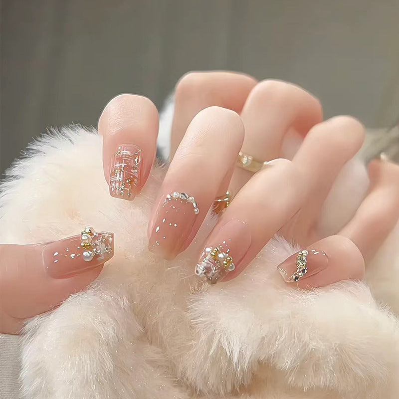 Glamorous Elegance Long Coffin Beige Press On Nail Set Featuring Dazzling Pearl Accents and Sparkling Glitter