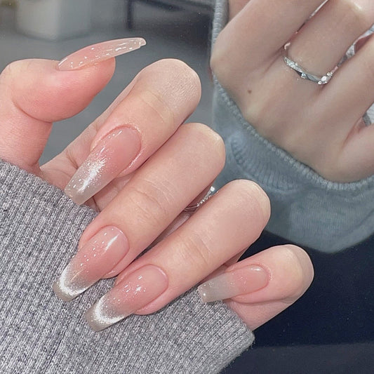 Dreamy Elegance Long Coffin Beige with Glitter Ombre Press On Nail Set