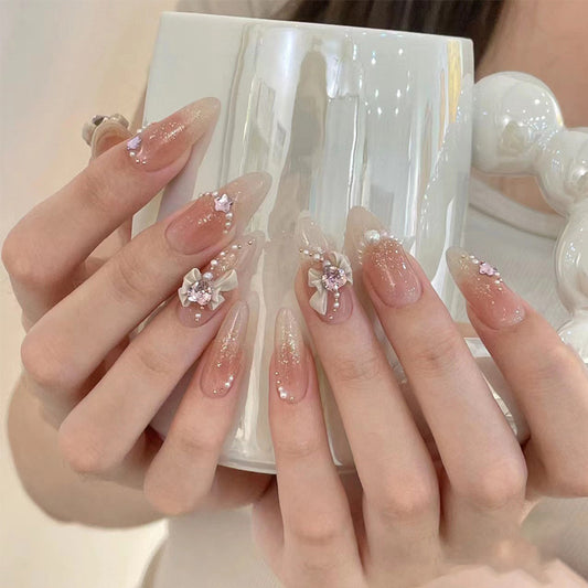 Charming Floral Elegance Long Almond Ombre Beige with Glitter and Pearl Accents Press on Nail Set