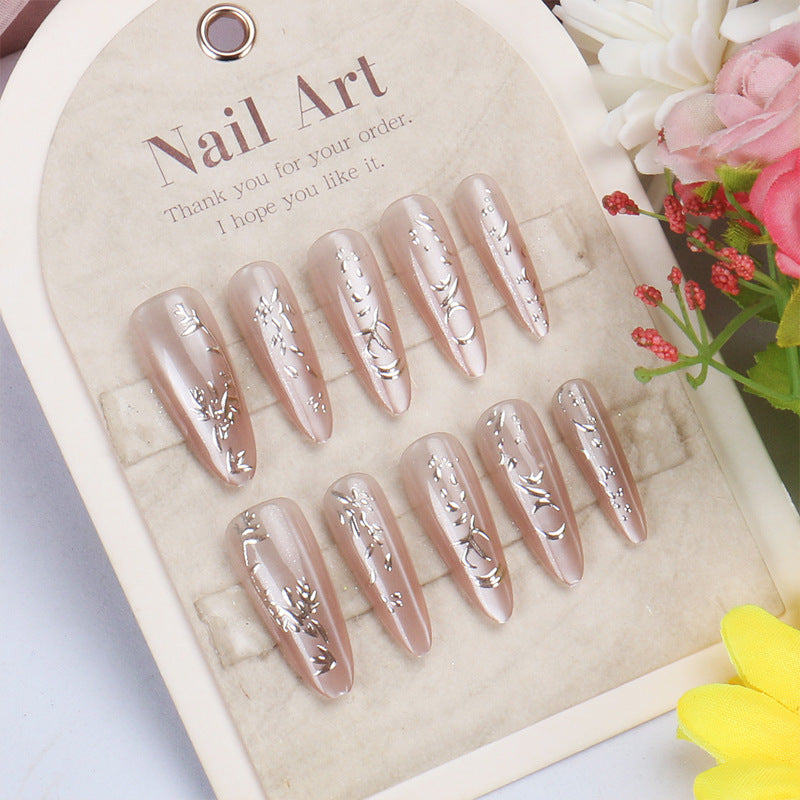 Elegant Garden Inspired Long Almond Shaped Beige Press On Nail Set with Intricate Floral Designs