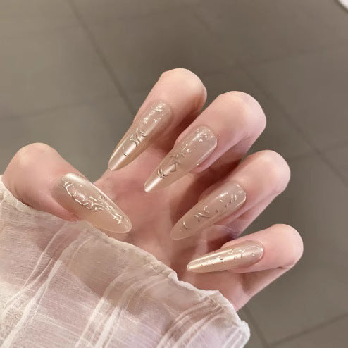 Elegant Elegance Long Almond Shape Beige Color Floral Design Press on Nail Set