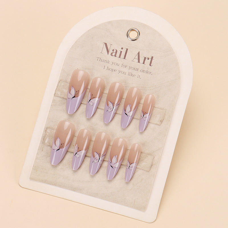 Elegant Butterfly Dream Long Almond Shaped Gradient Beige and Lavender Press On Nail Set with Floral Design