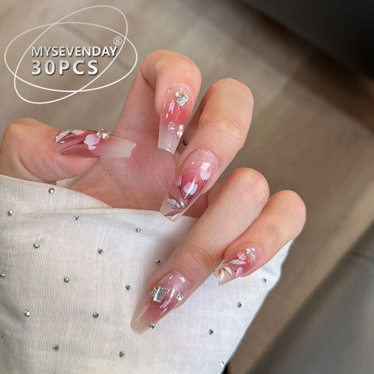 Blossom Bliss Transitional Long Coffin Pink Floral Press On Nail Set with Gem Accents