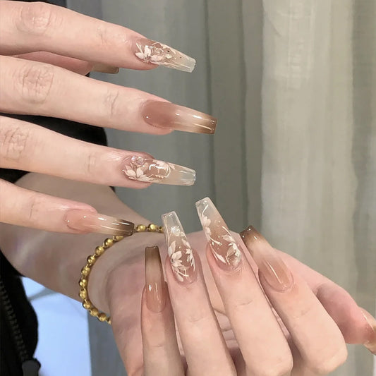 Elegant Floral Dream Extra Long Coffin Ombre Beige and Clear Press on Nail Set with Artistic Design