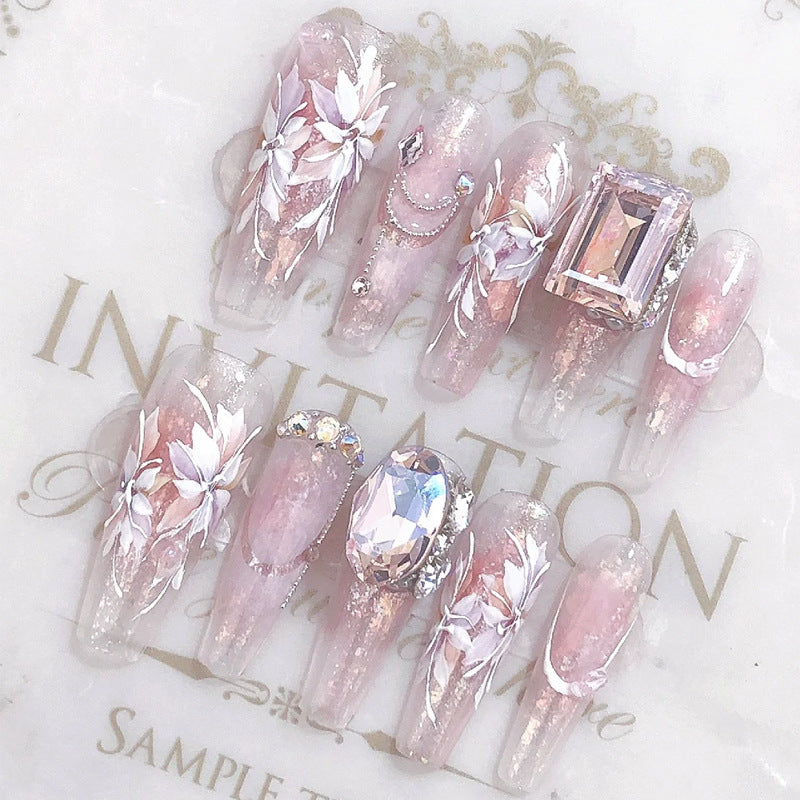 Elegant Floral Dream Long Coffin Blush Pink Press On Nails with Sparkling Gem Accents