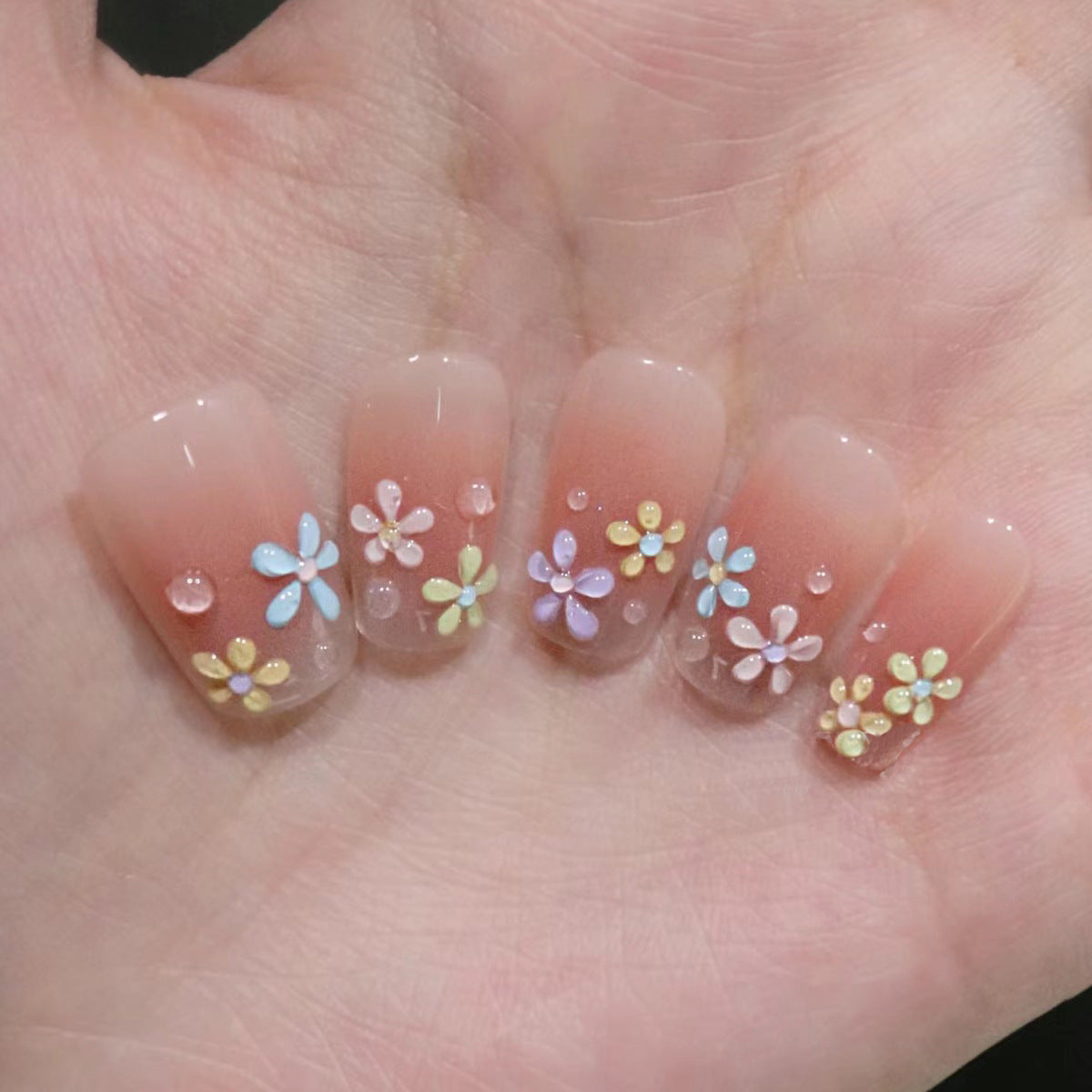 Floral Garden Short Square Pink Ombre Press On Nail Set with Charming Three Dimensional Flower Accents