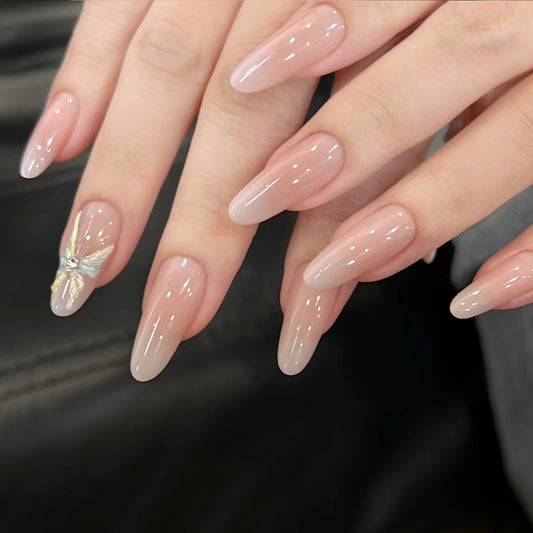 Elegance Unleashed Long Almond Ombre Beige with Stunning Butterfly Accent Press On Nail Set