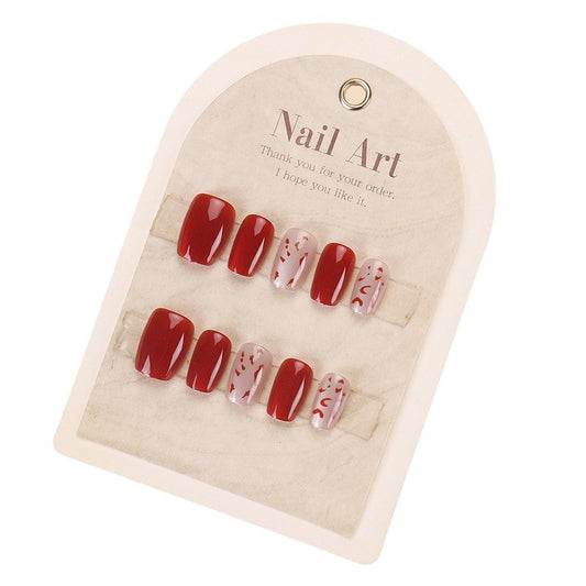 Enchanted Autumn the Classic Short Square Red and Elegant Light Pink Floral Press On Nail Set