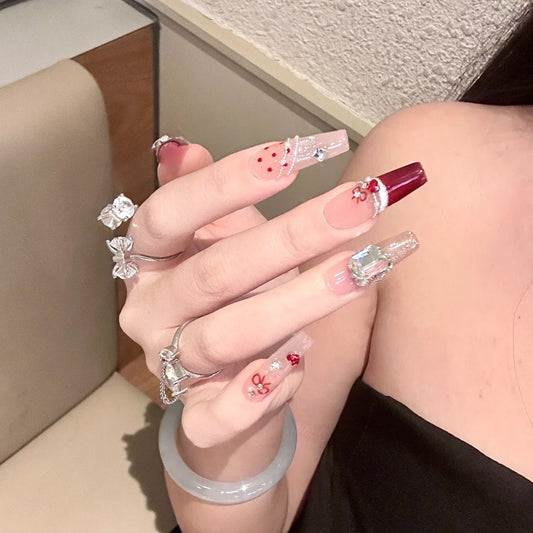 Glamorous Garden Inspired Press On Nail Set Long Coffin Clear and Deep Red with Sparkling Floral Accents