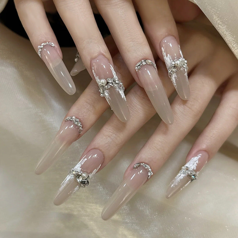 Elegant Dreamy Press On Nail Set Long Almond Ombre Beige with Opulent Rhinestone Accents