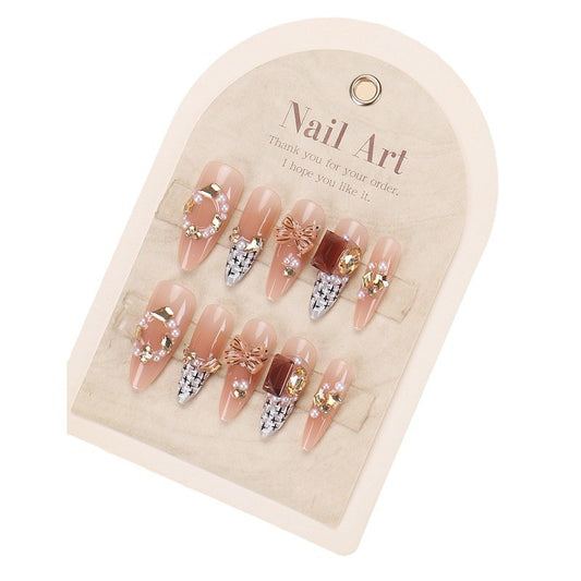 Elegant Garden Charm Long Almond Beige and Silver Press-On Nail Set with Gemstone Embellishments