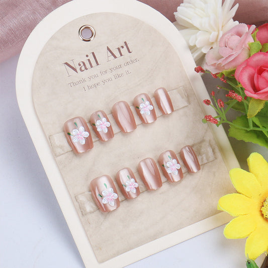 Blooming Elegance Short Square Light Brown Press On Nail Set with Charming Floral Design