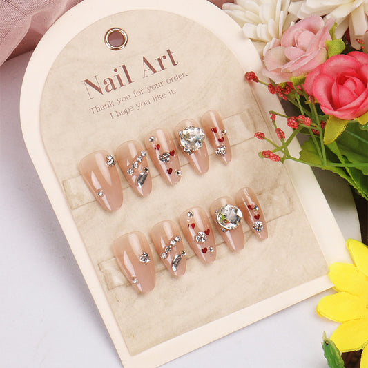 Charming Elegance Press on Nail Set Short Almond Soft Beige with Sparkling Gems and Floral Accents