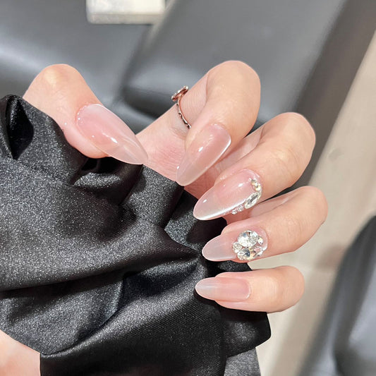 Elegant Glamour Medium Almond Beige Press On Nails with Rhinestone Accents