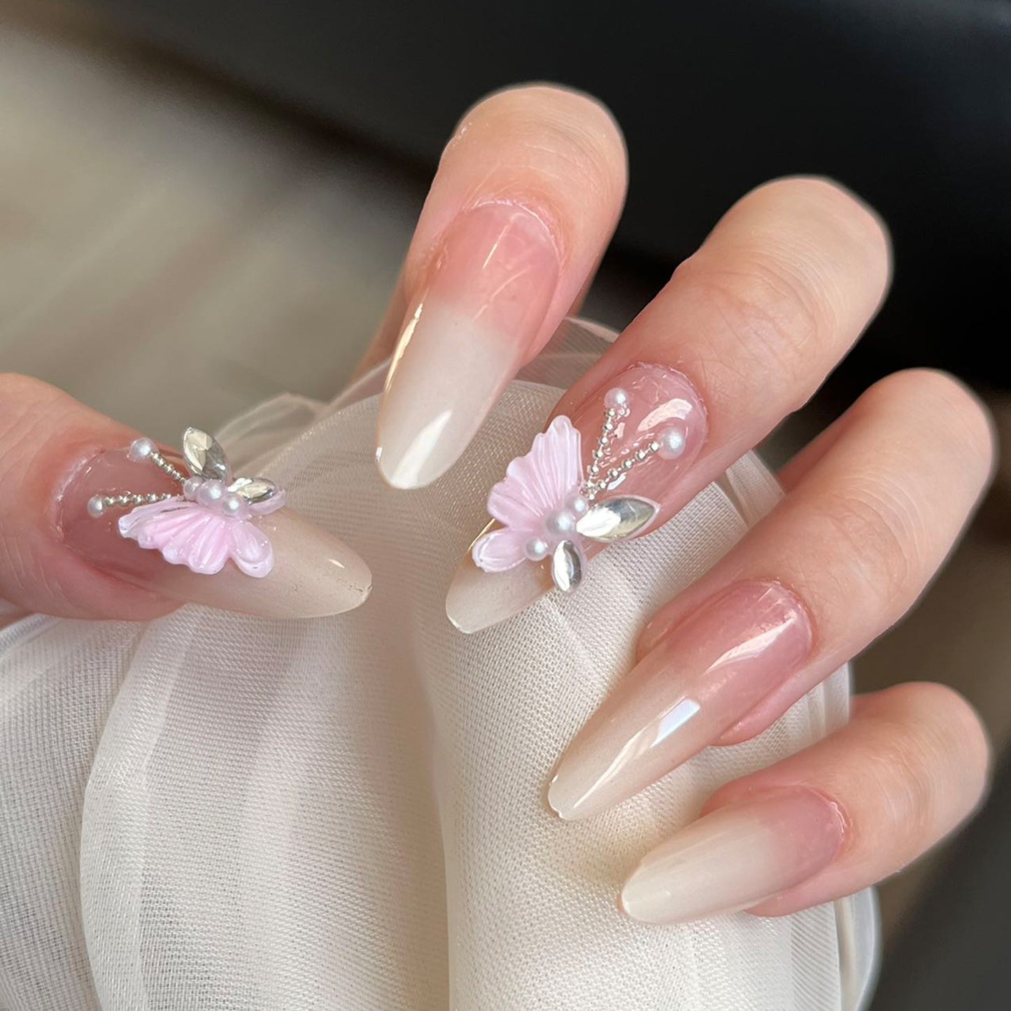 Butterfly Dream Long Almond Beige Ombre with Floral and Pearl Accents Press-On Nail Set