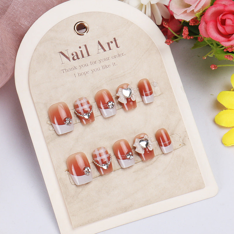 Autumn Charm Short Square Almond Orange Press On Nail Set with Rhinestone Accents