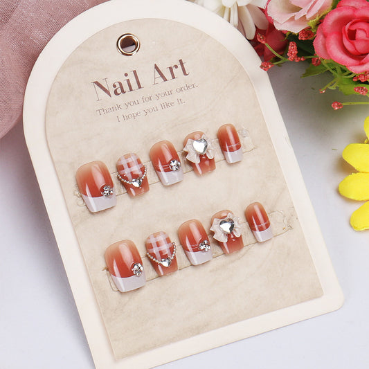 Autumn Charm Short Square Almond Orange Press On Nail Set with Rhinestone Accents