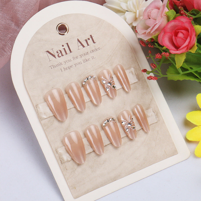 Dreamy Elegance Medium Almond Shaped Neutral Brown Press-On Nail Set with Dazzling Butterfly Accents