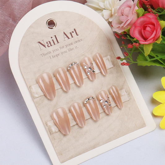 Dreamy Elegance Medium Almond Shaped Neutral Brown Press-On Nail Set with Dazzling Butterfly Accents