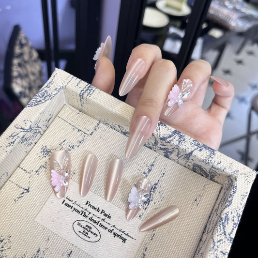 Whimsical Petals Long Almond Blush Pink Press On Nail Set with Floral Embellishments