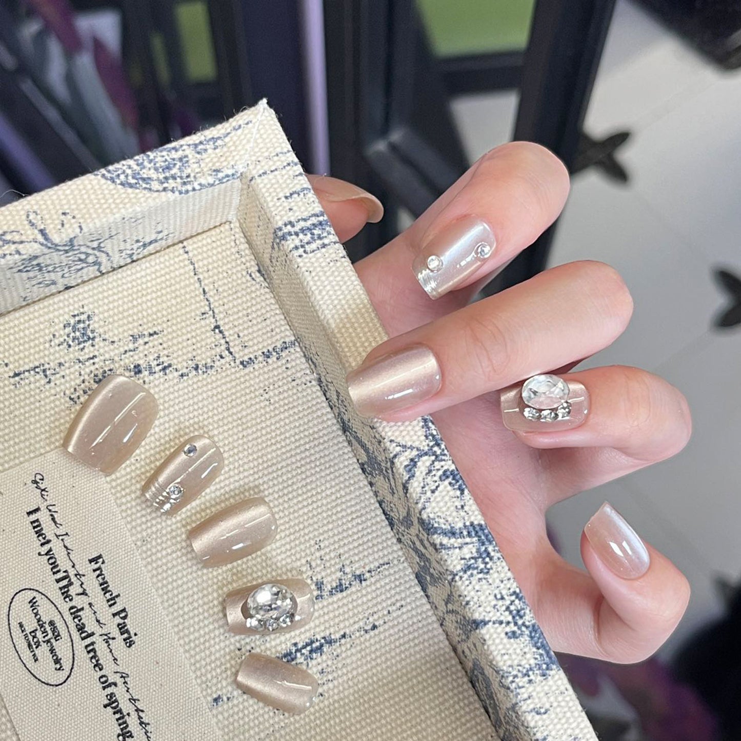 Charming Elegance Lengthy Medium Square Shaped Beige Color with Dazzling Rhinestone Accents Press On Nail Set