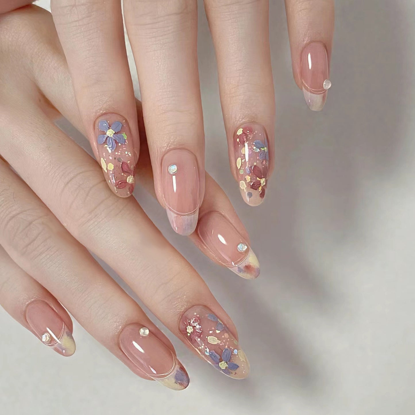 Blossoming Elegance Medium Almond Pink with Floral Accents and Glittering Gems Press-On Nail Set