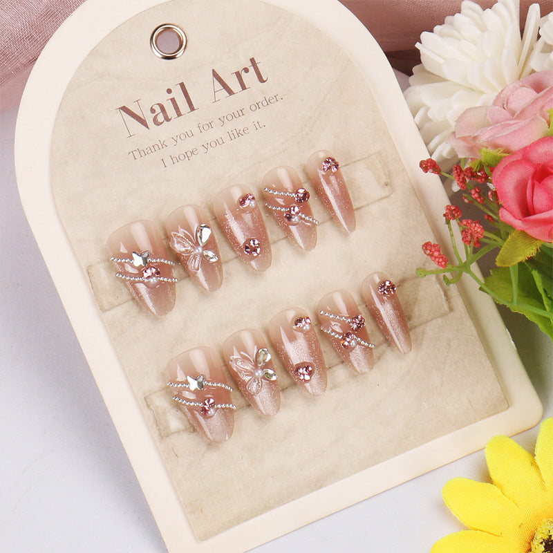 Enchanted Garden Elegant Medium Almond Shaped Blush Pink Press-On Nail Set with Dazzling Floral Accents