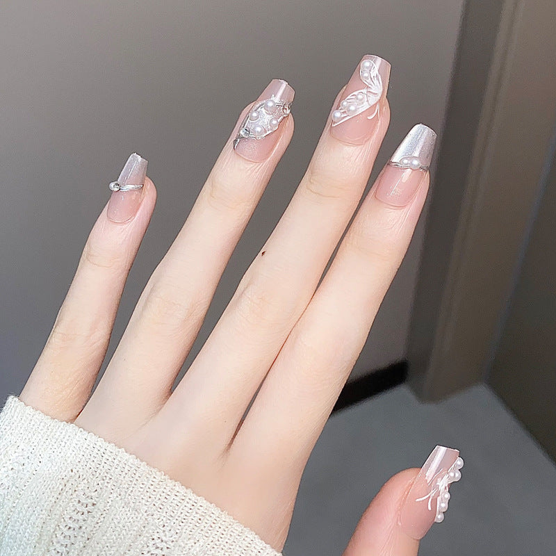 Elegant Ocean Waves Long Coffin Beige with Pearl Accent Nail Set