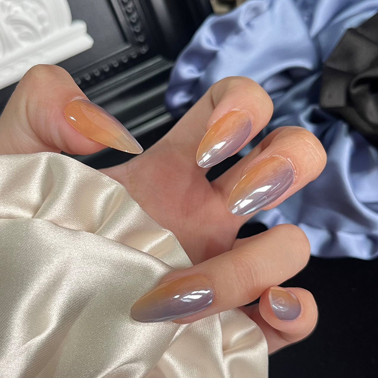 Elegant Dreamscape Ombre Long Almond Orange and Purple Glossy Press On Nail Set with Stunning Gradients