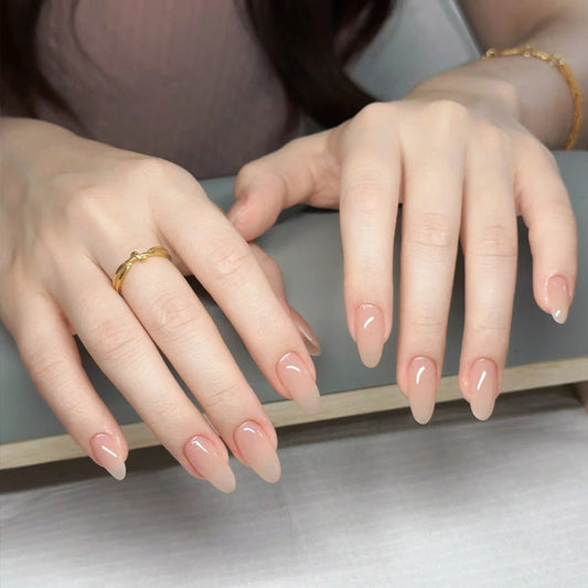 Elegant Enchantment Medium Almond Ombre Beige Nail Set with Glossy Finish