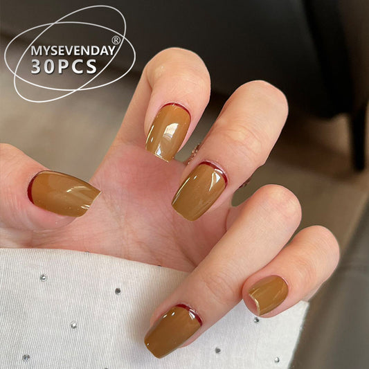 Autumn Elegance Medium Square Olive Green Press-On Nails with a Unique Red Tip Design