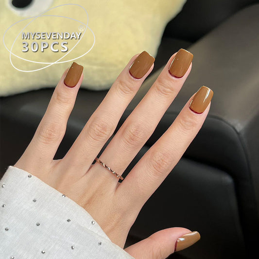 Autumn Elegance Medium Square Brown Glossy Press On Nail Set with Unique Shine Effect