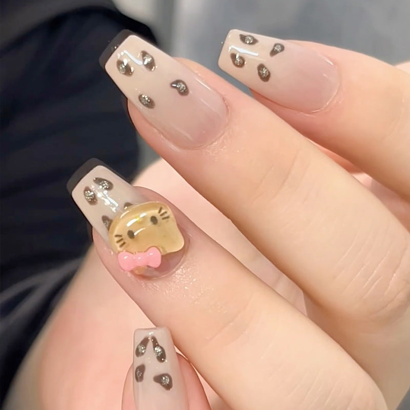 Charming Pet Theme Medium Square Beige Nails with Cat Face and Glitter Accents