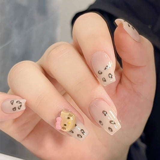 Charming Whimsy Medium Square Beige Nails with Adorable Cat Design and Sparkling Accents