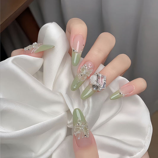 Enchanted Garden Long Almond Green Press On Nail Set with Elegant Floral Embellishments