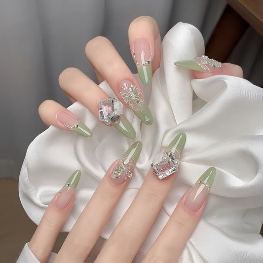 Elegant Garden Inspired Long Stiletto Shaped Green Ombre Press On Nail Set with Rhinestone Accents