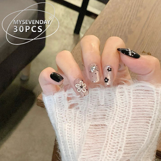 Floral Fantasy Short Square Press-On Nails in Black and Beige with Sparkling Accents