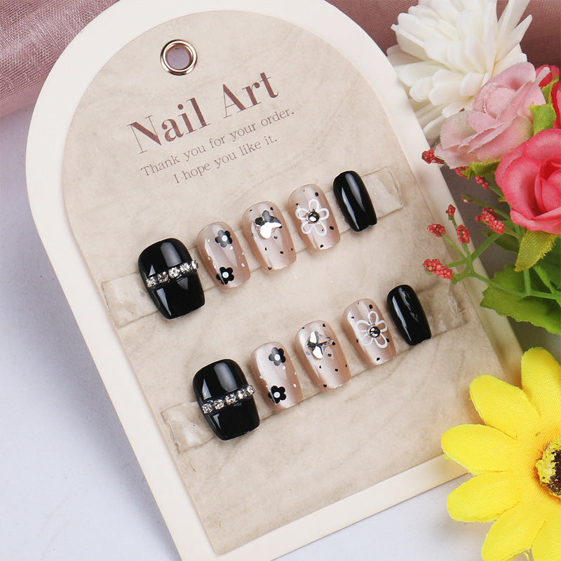 Chic Floral Fantasy Short Square Black and Beige Press on Nail Set with Sparkling Accent Gems