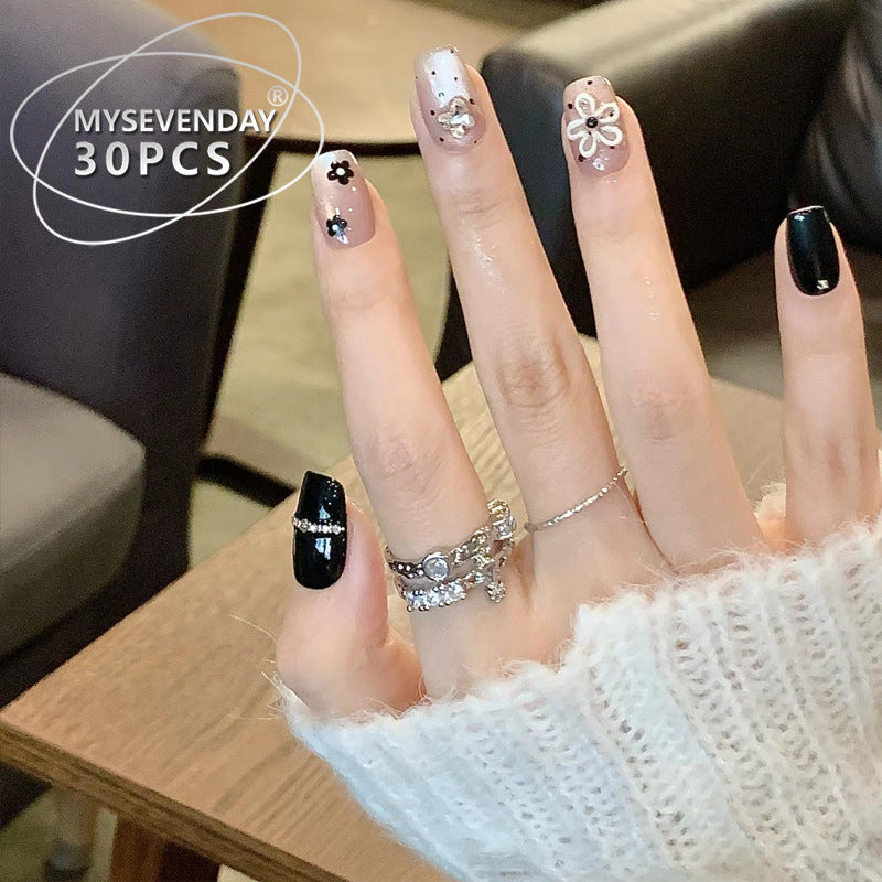 Blossom Garden Elegant Short Square Shaped Black and Pastel Nail Set with Unique Floral Designs